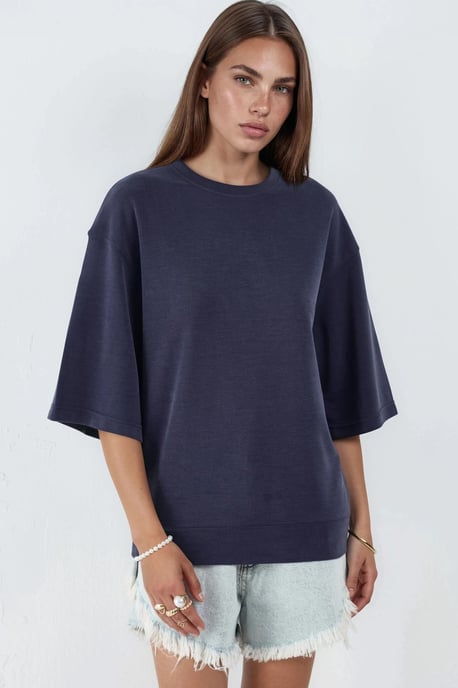 Oversized Geribde Korte Blouse met Ronde Hals - Image 6