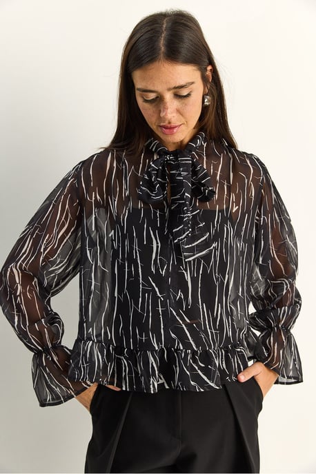 Abstrakt tryck Choker-halsband Chiffongblus med knytdetalj - Image 3