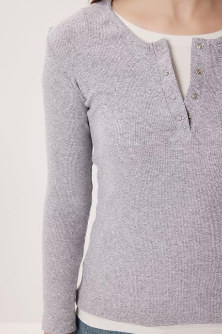 Slim Fit Ribbed Button-Up Long Sleeve Blouse - Image 3