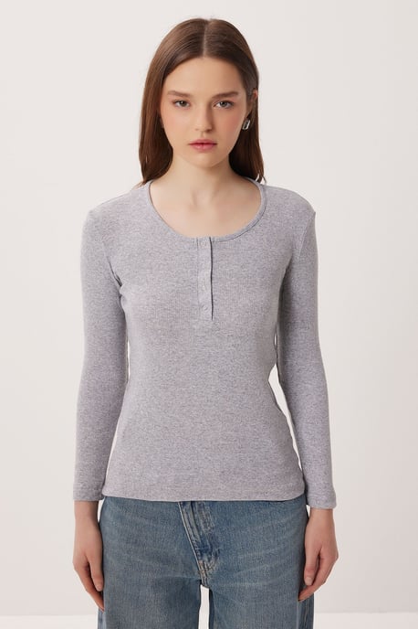 Slim Fit Ribbed Button-Up Long Sleeve Blouse - Image 4