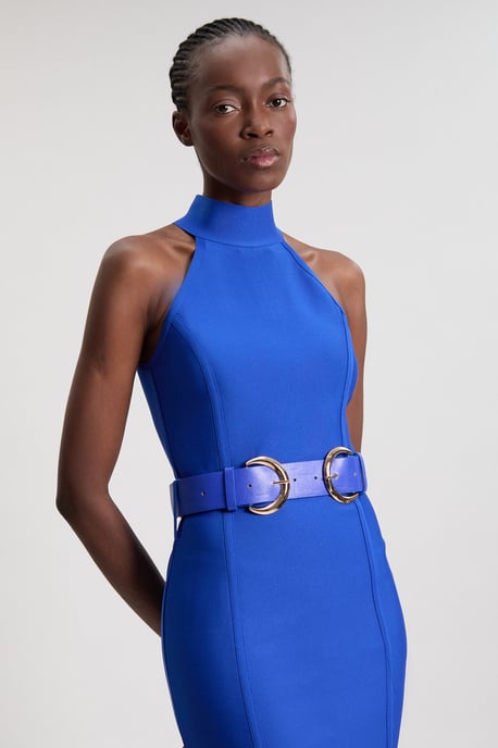 Bandage High Neck Buckle Trim Midi Dress - Image 2