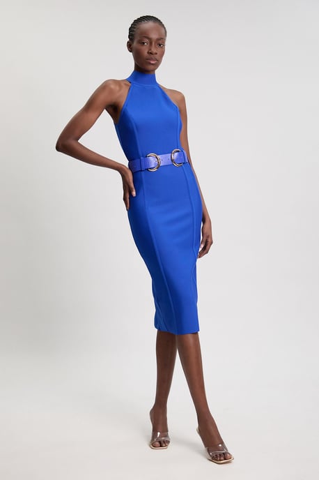 Bandage High Neck Buckle Trim Midi Dress - Image 4