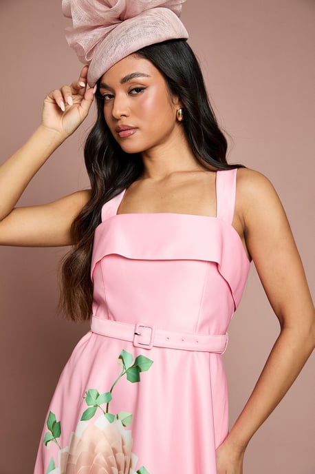 Petite Lisa Tan Floral Placement Print Belted Midi Dress - Image 4
