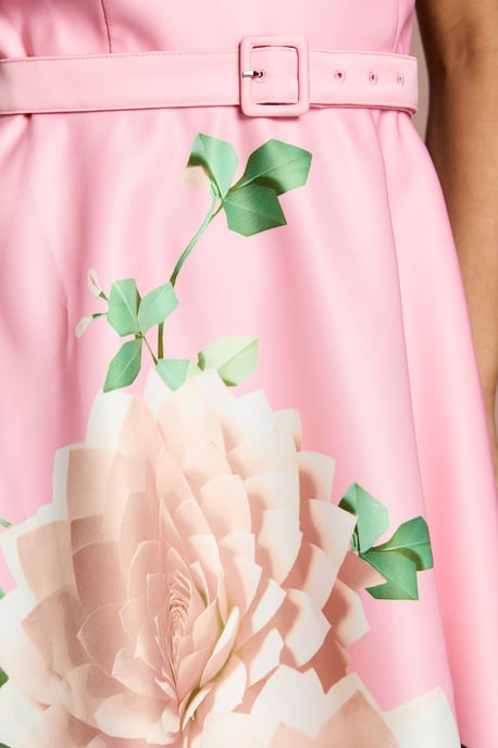Petite Lisa Tan Floral Placement Print Belted Midi Dress - Image 5