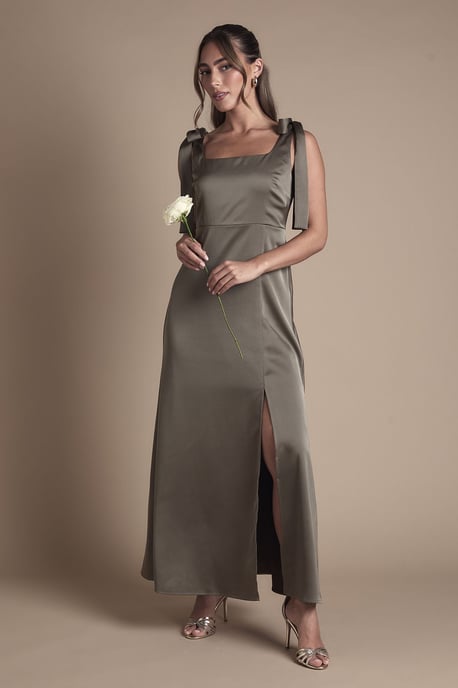 Olive Satin Tie Shoulder Midi Bridesmaid Dress - Image 1