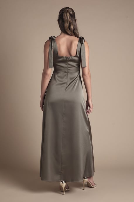 Olive Satin Tie Shoulder Midi Bridesmaid Dress - Image 3