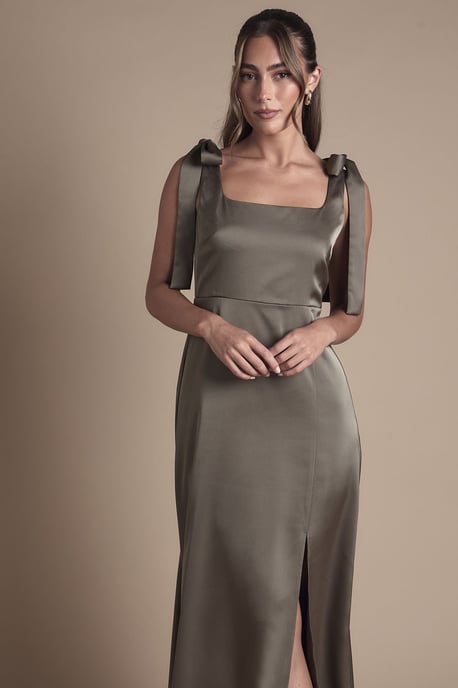 Olive Satin Tie Shoulder Midi Bridesmaid Dress - Image 4