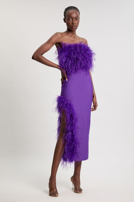 Petite Figure Form Bandage Feather Detail Bandeau Knit Midi Dress - Image 1