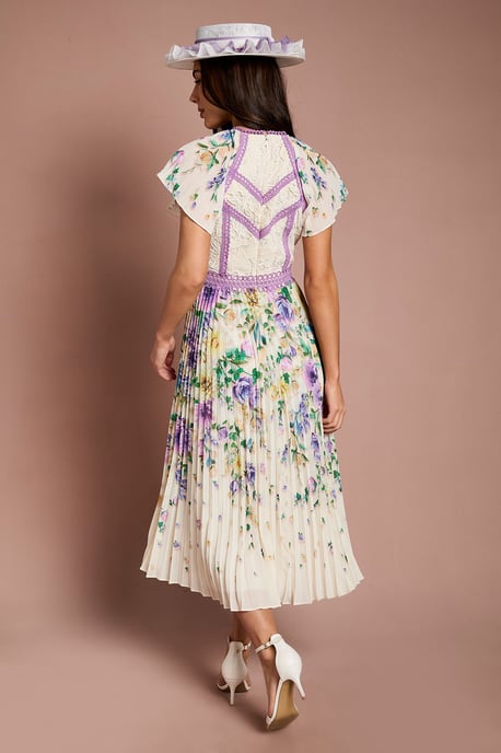 Lisa Tan Floral Printed Lace Trim Pleated Midi Dress - Image 3