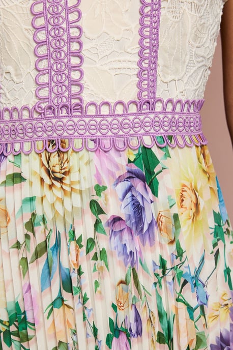 Lisa Tan Floral Printed Lace Trim Pleated Midi Dress - Image 5