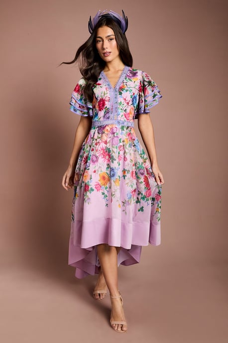 Lisa Tan Statement Shoulder High Low Printed Midi Dress - Image 1