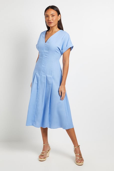 Linen Blend Pleat Detail Midi Dress - Image 1