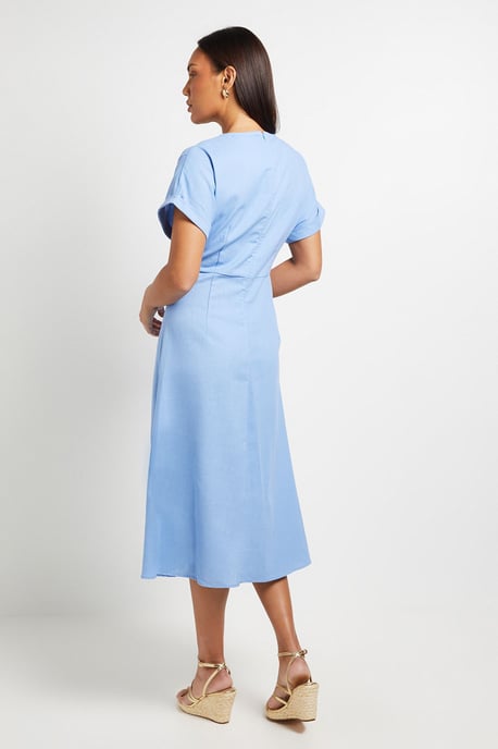Linen Blend Pleat Detail Midi Dress - Image 3