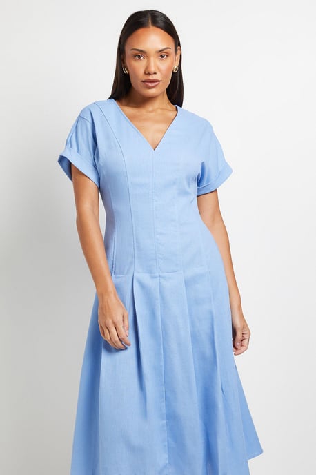 Linen Blend Pleat Detail Midi Dress - Image 5