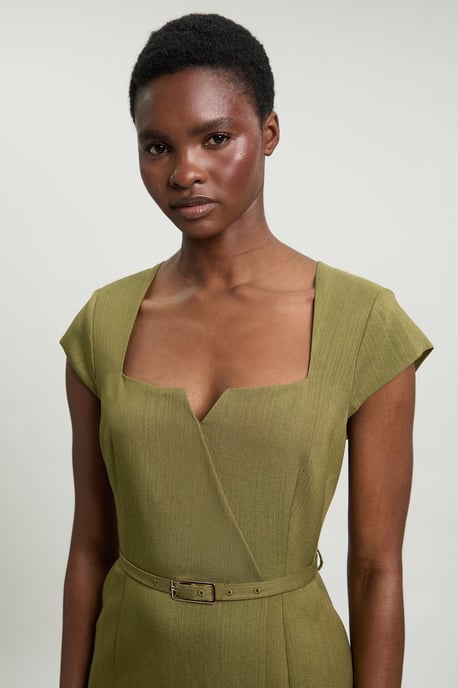 Viscose Blend Belted Square Neck Tailored Pencil Dress - Image 1
