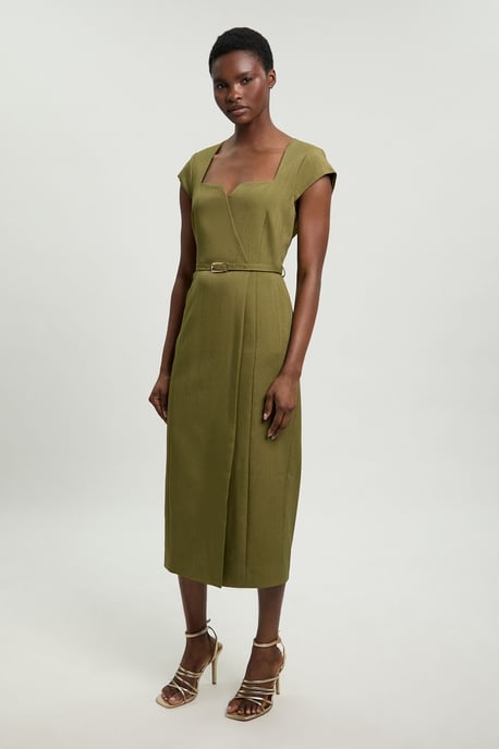 Viscose Blend Belted Square Neck Tailored Pencil Dress - Image 2