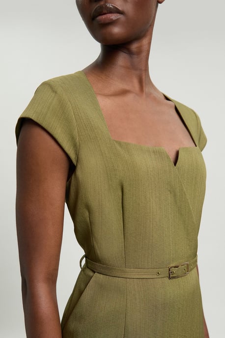 Viscose Blend Belted Square Neck Tailored Pencil Dress - Image 3