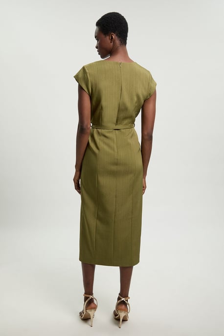 Viscose Blend Belted Square Neck Tailored Pencil Dress - Image 4