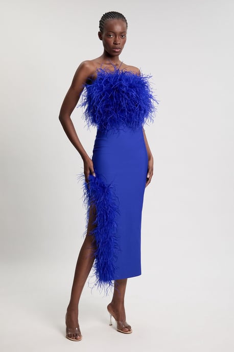 Figure Form Bandage Feather Detail Bandeau Knit Midi Dress - Image 1