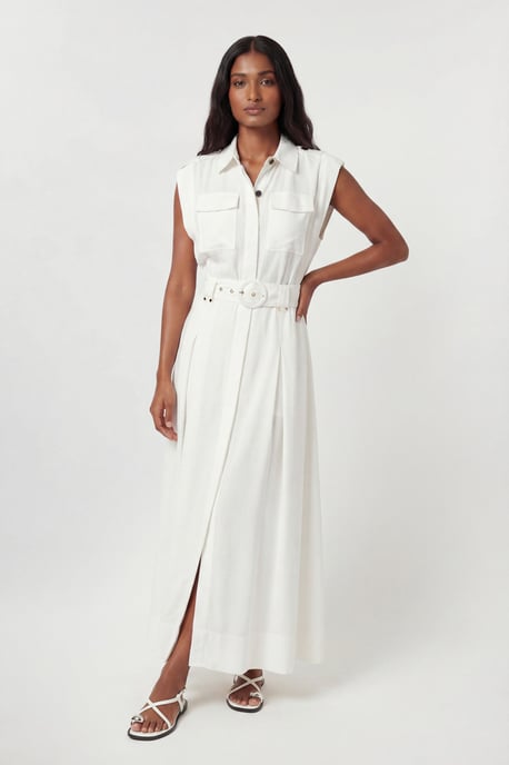 Premium Viscose Linen Belted Woven Maxi Dress With Gold Hardware Detail - Image 1
