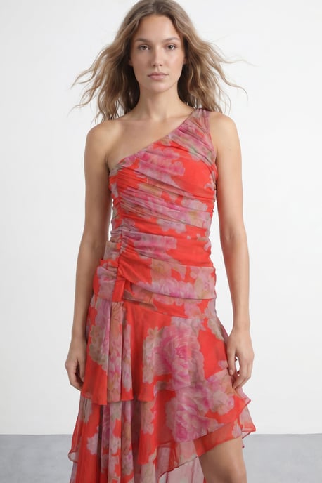 Floral Print Halterneck Asymmetric Hem Ruffle Dress - Image 3