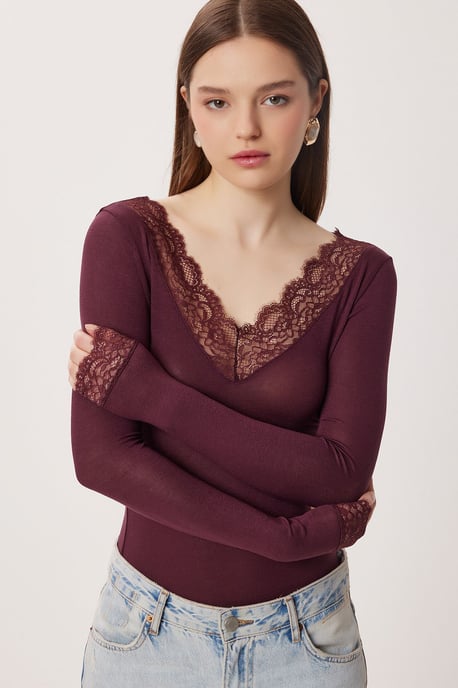 Kanten V-hals Slim Fit Blouse - Image 2