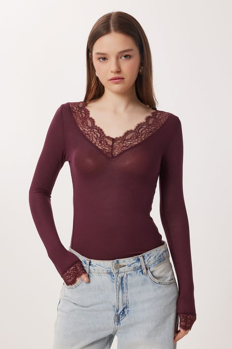 Kanten V-hals Slim Fit Blouse - Image 3