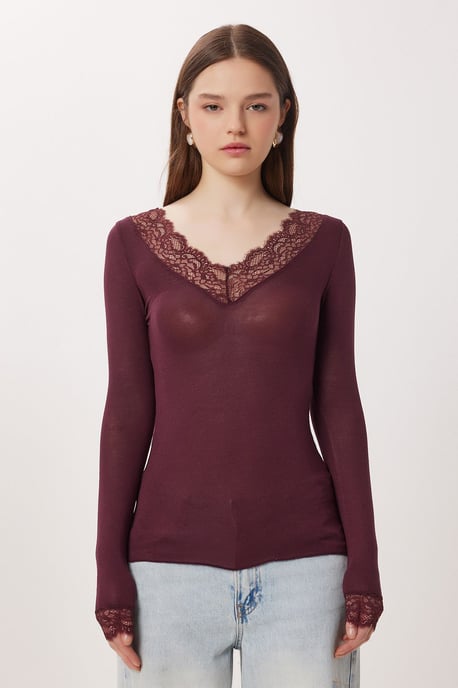 Kanten V-hals Slim Fit Blouse - Image 4