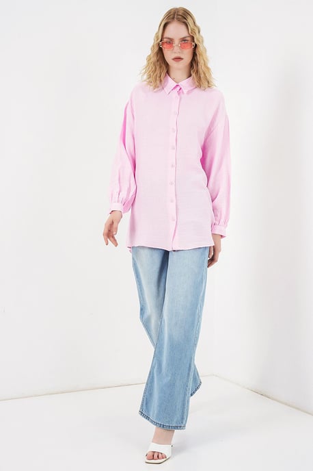 Oversized Textuur Lange Blouse met Shirtkraag - Image 2