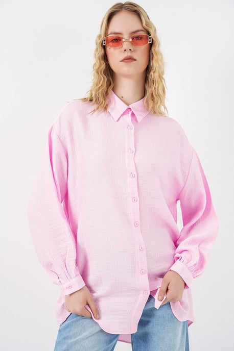 Oversized Textuur Lange Blouse met Shirtkraag - Image 3