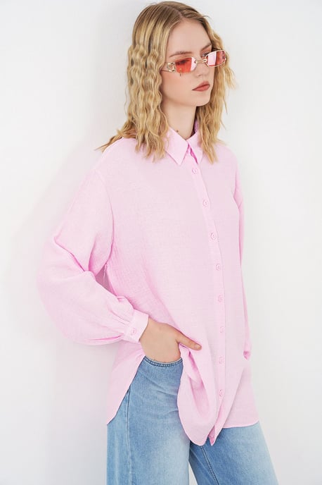 Oversized Textuur Lange Blouse met Shirtkraag - Image 4