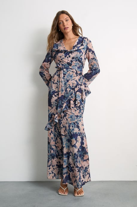 Long Sleeve Cowl Neck Floral Print Ruffle Detail Maxi Dress - Image 1