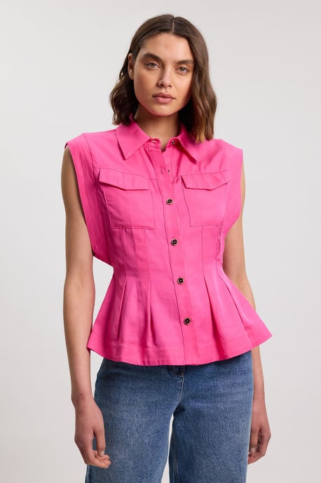 Premium Viscose Linen Topstitch Woven Blouse With Waist Seam Detail - Image 1