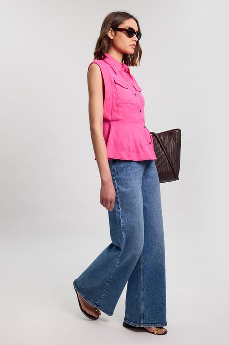 Premium Viscose Linen Topstitch Woven Blouse With Waist Seam Detail - Image 2