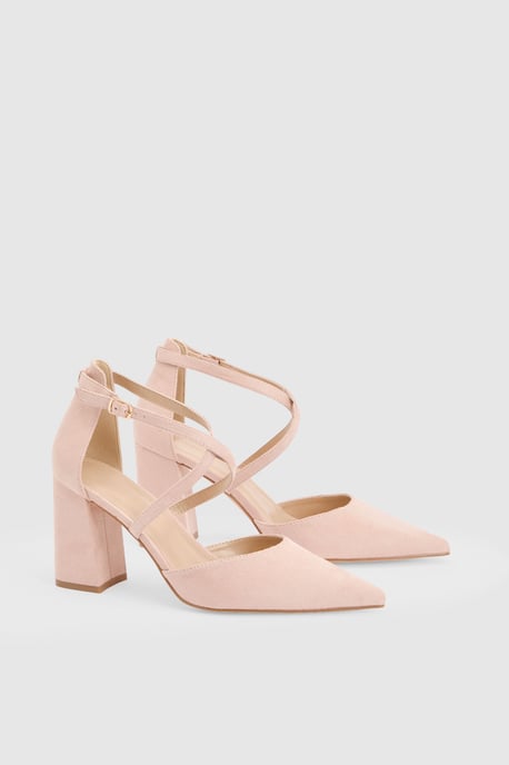 Wide Fit Treat Faux Suede Cross Strap Pointed Block Heel Court Shoes - Image 3