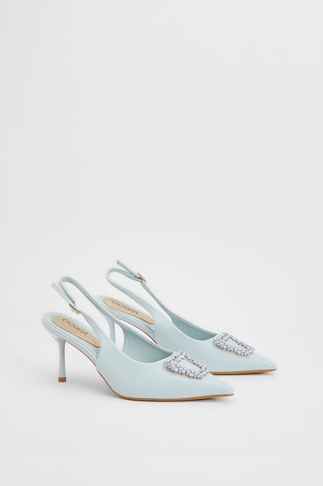 Diana Blue Faux Leather Square Coloured Trim Medium Stiletto Heel Slingback Court Shoes - Image 1