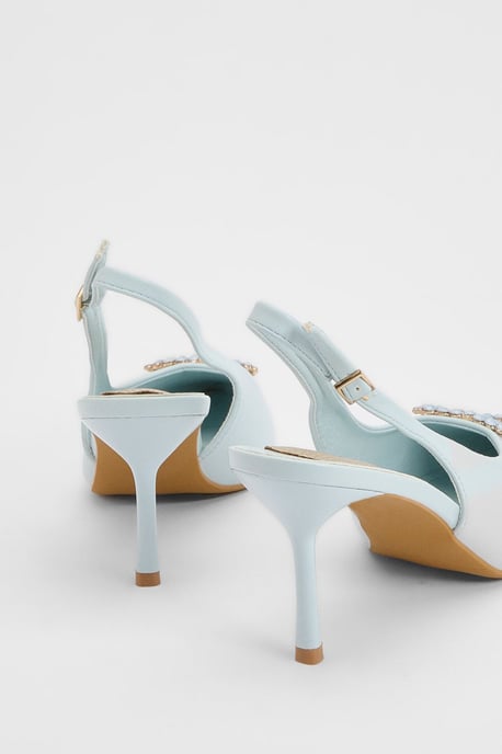 Diana Blue Faux Leather Square Coloured Trim Medium Stiletto Heel Slingback Court Shoes - Image 2