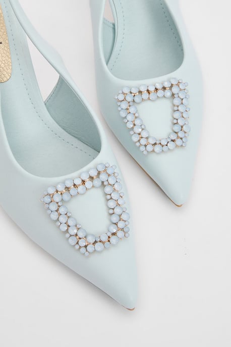 Diana Blue Faux Leather Square Coloured Trim Medium Stiletto Heel Slingback Court Shoes - Image 3