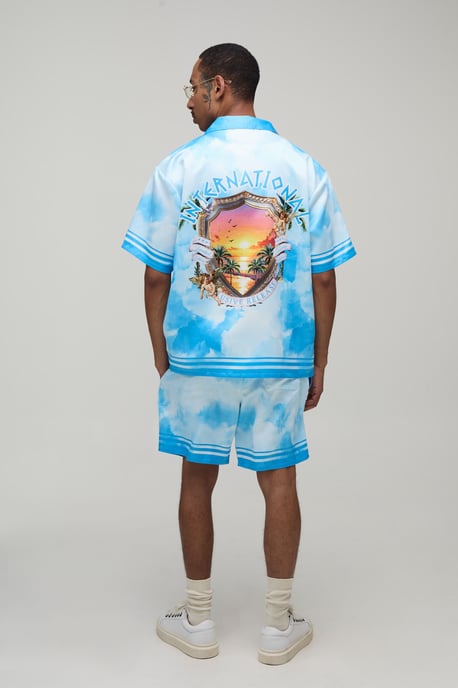 Oversized Short Sleeve Abstract Location Print Satin Shirt & Short Set - Image 2