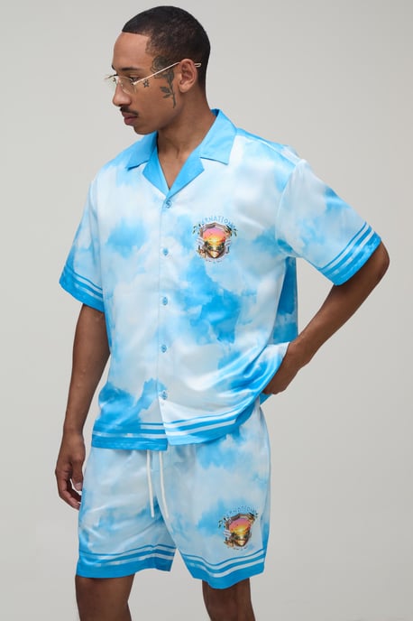 Oversized Short Sleeve Abstract Location Print Satin Shirt & Short Set - Image 3