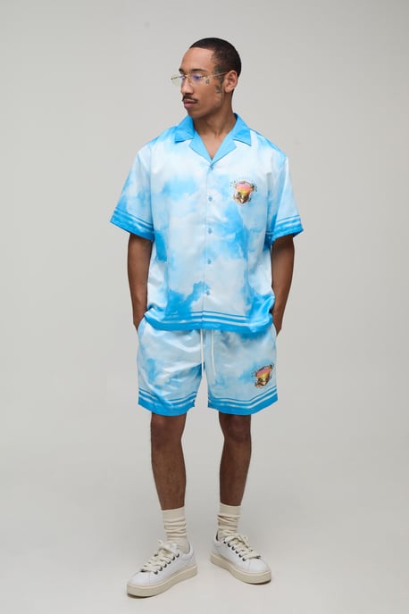 Oversized Short Sleeve Abstract Location Print Satin Shirt & Short Set - Image 4