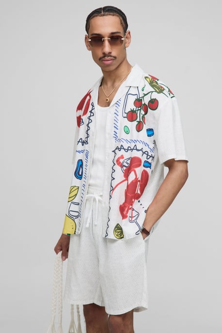 Oversized Linen Blend Conversational Printed Shirt & Short Set - Image 1