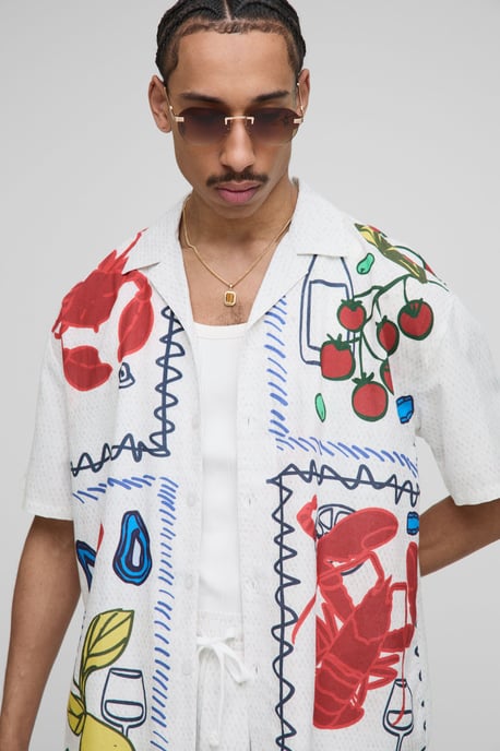 Oversized Linen Blend Conversational Printed Shirt & Short Set - Image 3
