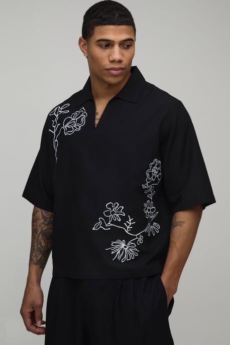Linen Blend Boxy V Neck Floral Embroidered Polo - Image 1