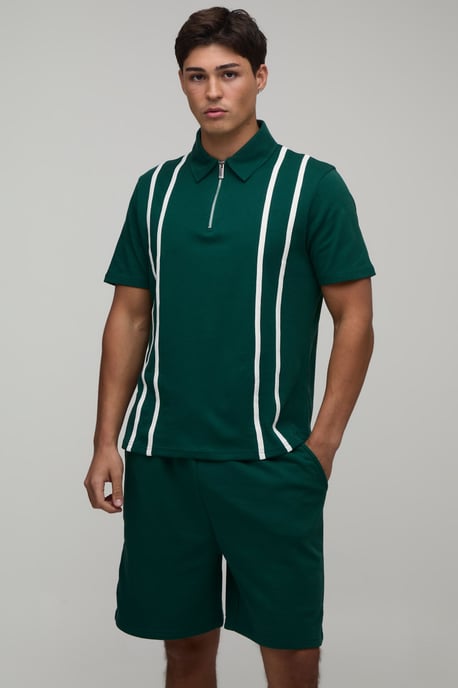 Regular Fit Zip Up Stripe Polo & Jersey Short Set - Image 1