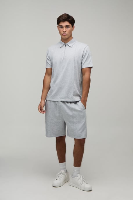 Seam Detail Regular Fit 1/4 Zip Polo & Regular Short Set - Image 4