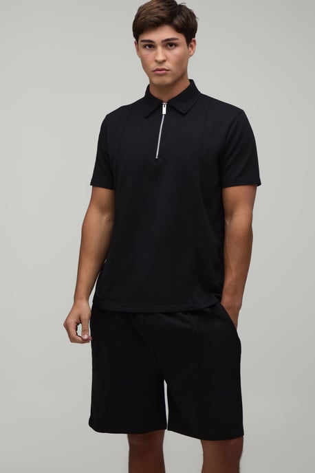 Seam Detail Regular Fit 1/4 Zip Polo & Regular Short Set - Image 1