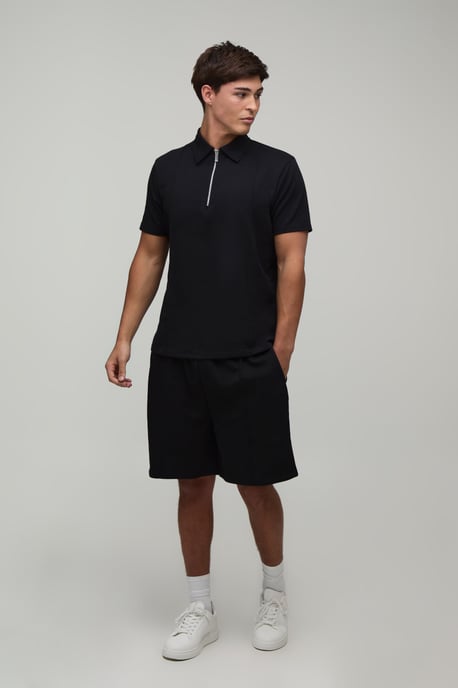 Seam Detail Regular Fit 1/4 Zip Polo & Regular Short Set - Image 4
