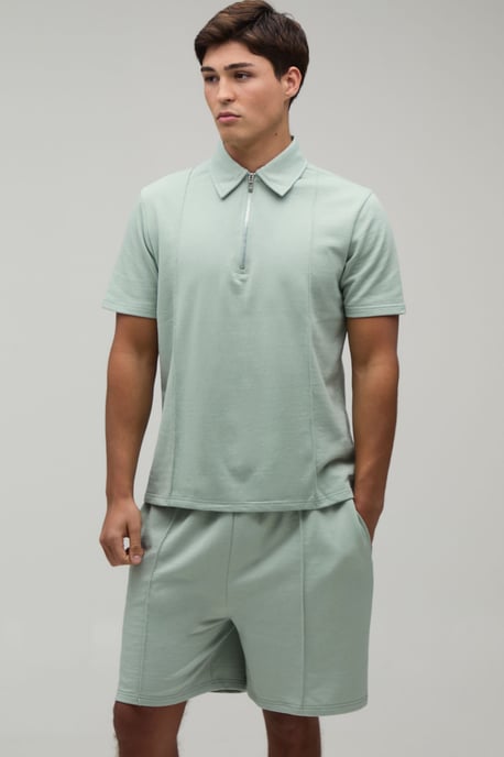 Seam Detail Regular Fit 1/4 Zip Polo & Regular Short Set - Image 1