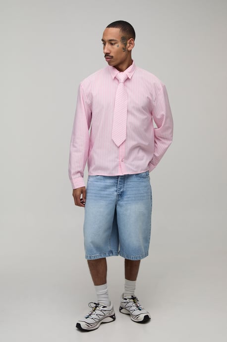 Oversized Boxy Stripe Shirt and Tie - Image 4